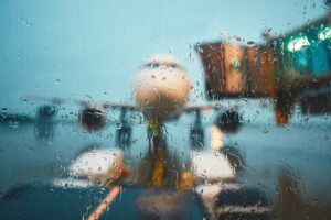 A busy airport in the rain